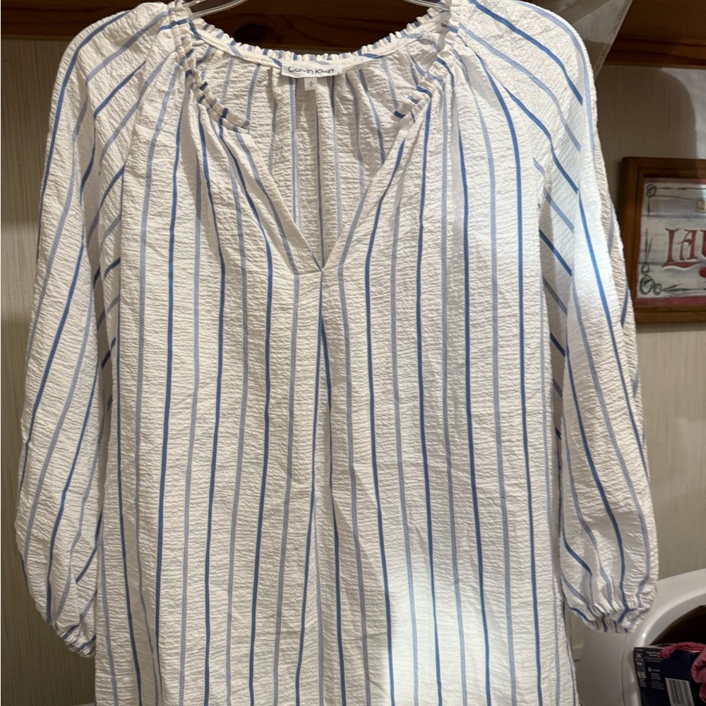 Calvin Klein White and Blue Striped Top small
